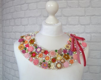 Rainbow Collar Crochet Flowers Boho statement gift Lace Bohemian jewelry