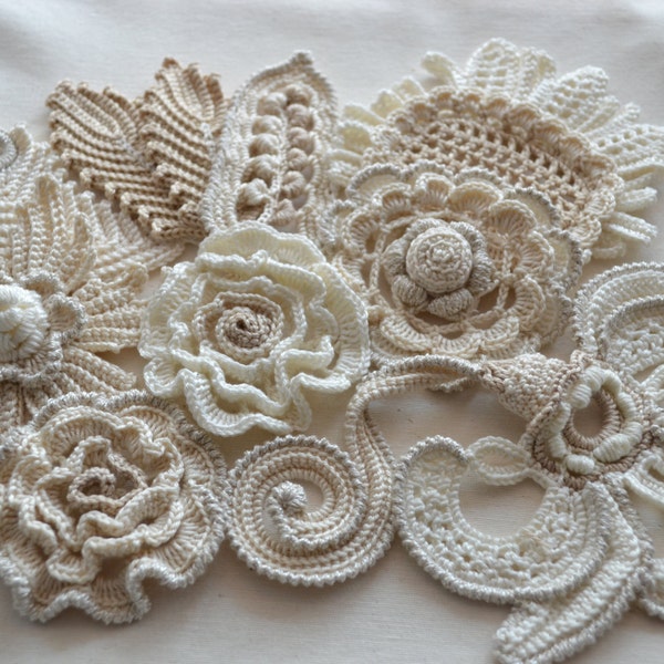 Victorian Crochet Set flower applique DIY Irish lace 10pcs