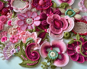 Crochet Pink flower Irish crochet set 60pcs