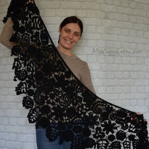Black lace shawl Irish crochet  Size: 67&quot; x 20&quot;-( 170 x 50 cm)
