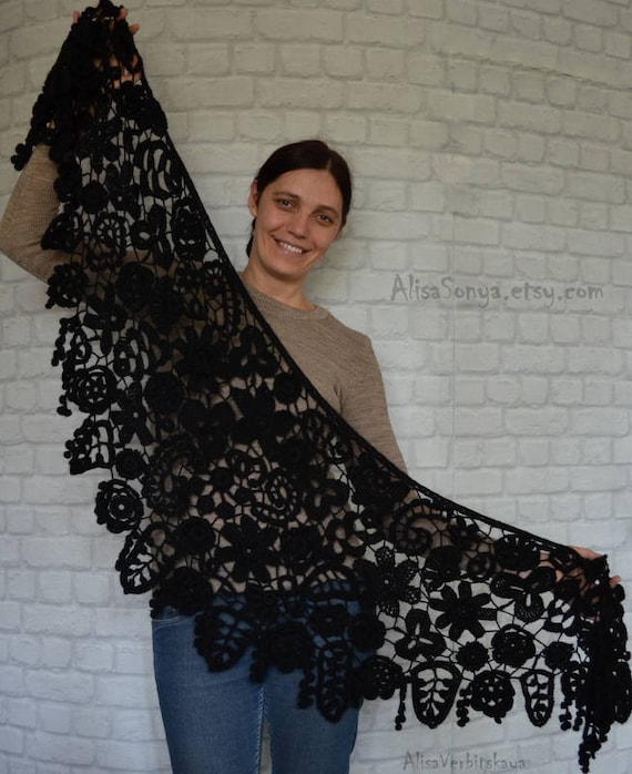 Black Lace Shawl Irish Crochet Size 67 X 20 170 X 50 Cm Etsy UK