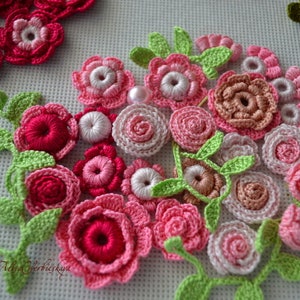 Rosas cor-de-rosa apliques de flores crochê irlandês kit inspiração conjunto 30 peças