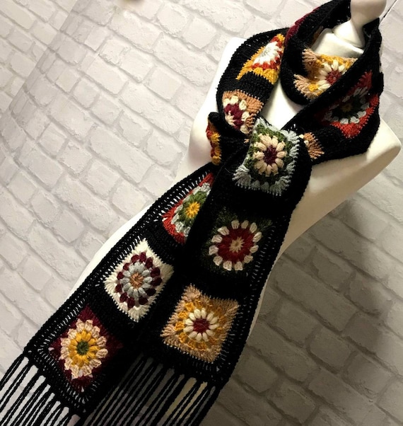 Colorful Crochet scarf Long warm scarves Granny square