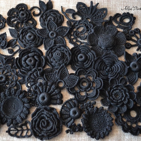 Set black flower Irish crochet Decorate the clothes Rose  60 pcs