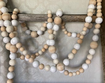 Christmas Tree Garland: White Wood & Felt Ball Beaded Decor (5ft)