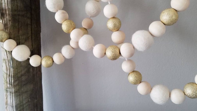 Beaded garland, felt ball garland, gold garland, Christmas garland. Wedding garland, neutral decor. Elegant decor. 6ft image 3