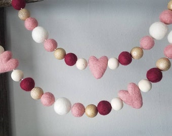 Pink heart garland. Blush, gold, maroon and white. Valentines garland. Heart garland. Valentine heart garland. Wedding garland 5 ft. Felt