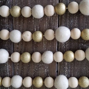 Beaded garland, felt ball garland, gold garland, Christmas garland. Wedding garland, neutral decor. Elegant decor. 6ft image 4