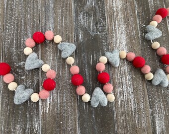 Valentine Garland: Handmade Felt Ball & Wood Bead Heart Decor