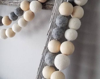 Large Bead Garland. Felt ball garland. Jumbo garland. Large wood beads. Large felt balls. 5ft