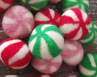 Needle Felted Peppermint Candy Balls: Christmas Decor, Set of 5