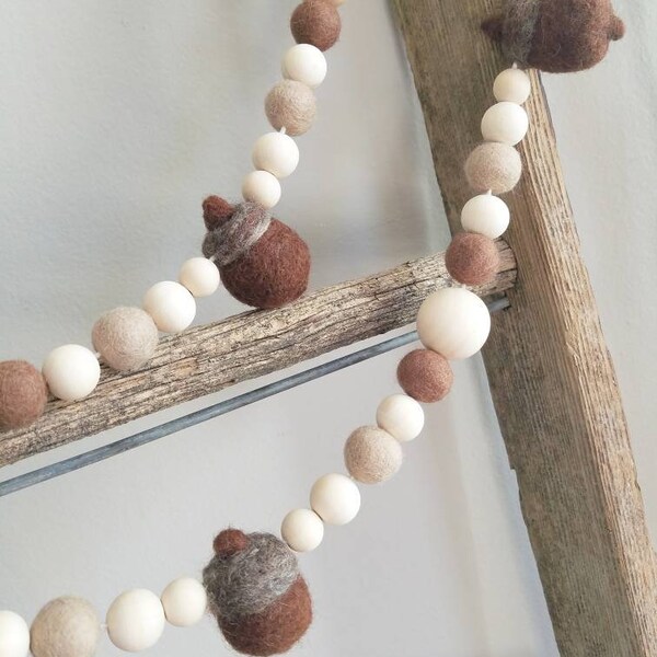 Acorn decor. Felt acorns. Fall garland. Wood bead garland. Felt ball garland.5ft