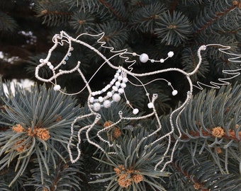 Beaded Horse, Wire Ornament, Silver and White