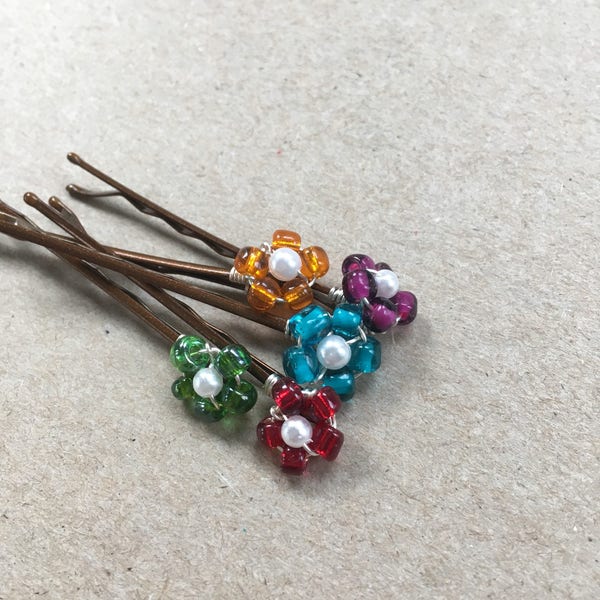 Bobby Pins, Beaded Flower Bobby Pins, Translucent Rainbow - Set of 5 pins