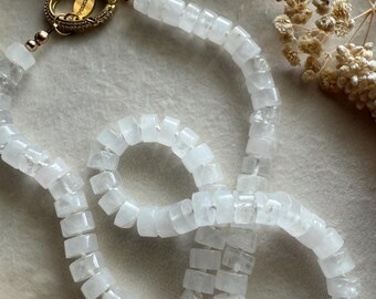 Rock Quartz Crystal Heishi Knotted Necklace with CZ Clasp