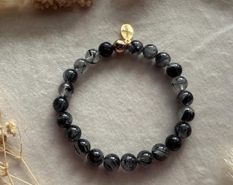 8mm Tourmalinated Quartz Gemstone Bracelet with 14kt Gold-Filled Accent