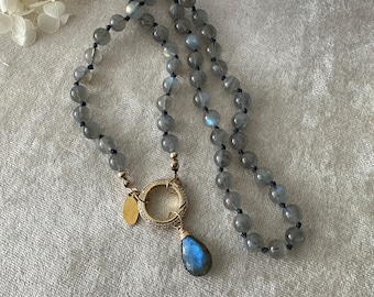 Knotted Labradorite Necklace with Oval CZ Clasp