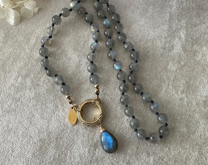 Knotted Labradorite Necklace with Oval CZ Clasp