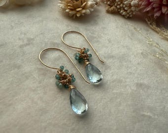 Blue Topaz and Apatite Dainty Cluster Earrings
