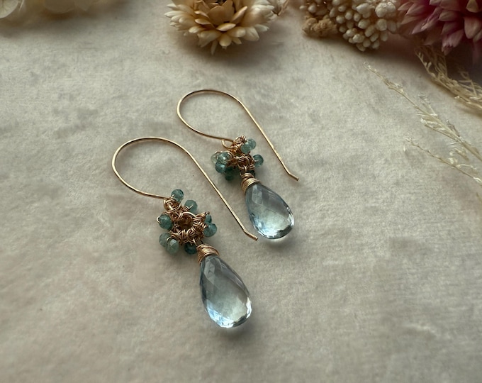 Blue Topaz and Apatite Dainty Cluster Earrings