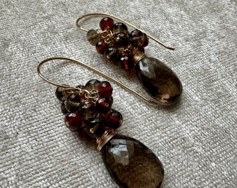 Smoky Quartz and Garnet Large Cluster Earrings