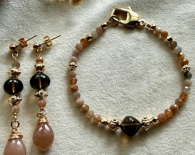 Boho Semi-precious Bracelet and Earrings Set - Peach Moonstone
