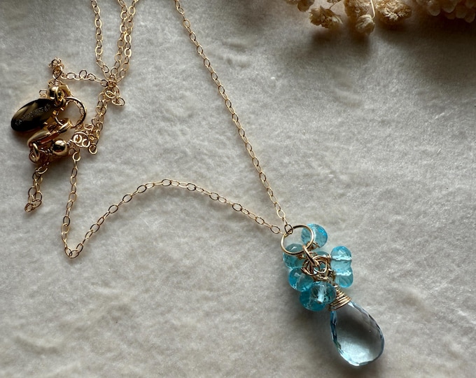 14kt GF Dainty Blue Topaz Cluster Charm Necklace
