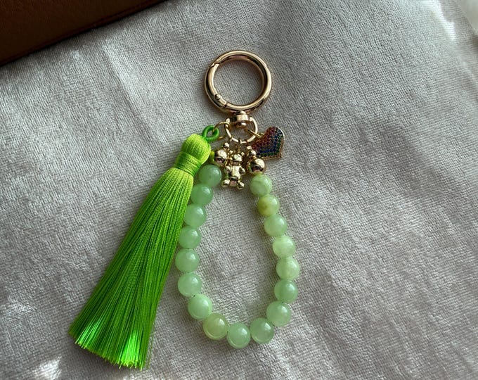 Lime Green Calcite Gemstone Tassel Purse Charm