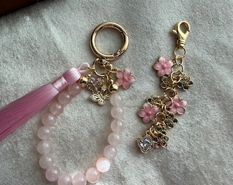 Rose Quartz Blossom Gemstone Tassel Purse Charm Set