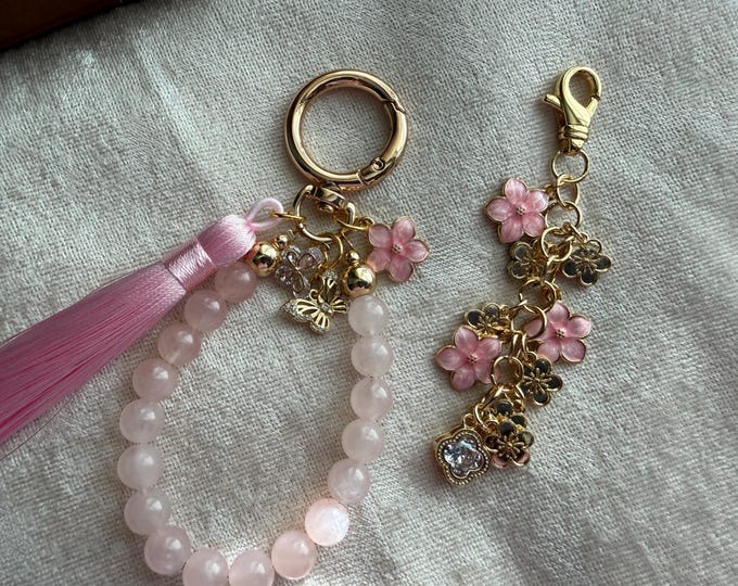 Rose Quartz Blossom Gemstone Tassel Purse Charm Set