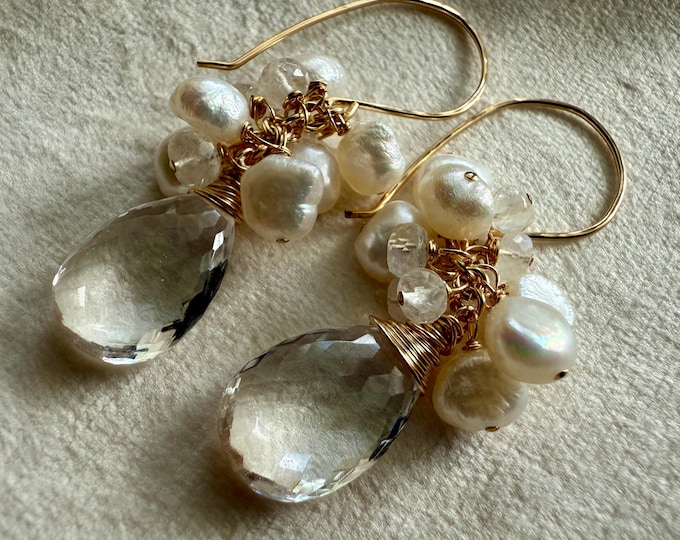 Rock Crystal and Pearl Large Cluster Earrings