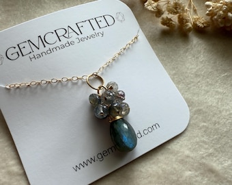 14kt GF Dainty Labradorite Cluster Charm Necklace