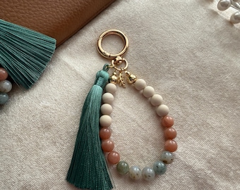 Boho Moss Chalcedony Gemstone Tassel Purse Charm
