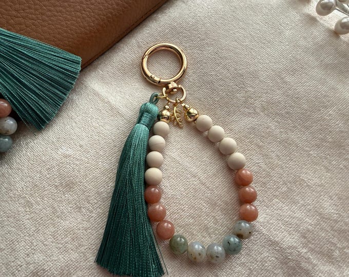 Boho Moss Chalcedony Gemstone Tassel Purse Charm