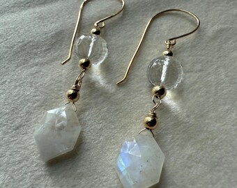 Rainbow Moonstone Geometric Drop Earrings