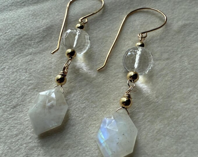 Rainbow Moonstone Geometric Drop Earrings