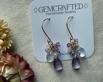 14kt GF Amethyst and Rainbow Moonstone Cluster Earrings