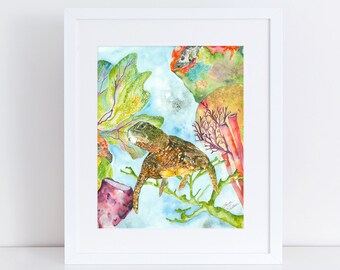 The Cove, sea turtle coral reef watercolor painting archival print.