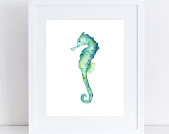 Green Seahorse No.2,  watercolor painting archival print.