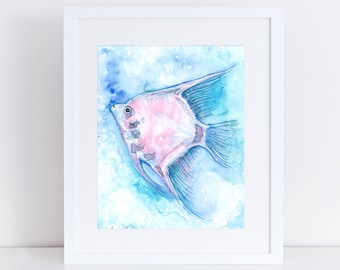 Pink angel fish, watercolor painting archival print.