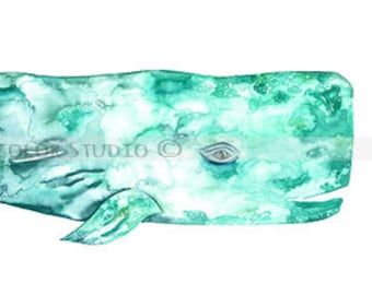 Sperm Whale Watercolor Art Print, Nursery Decor
