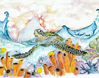 sea turtle, watercolor print, coral reef, ocean life, sunshine,waves, beach art, scuba diving,