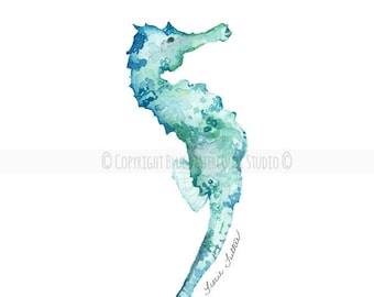 Green seahorse No. 1, seahorse print, watercolor painting, blue seahorse, archival print