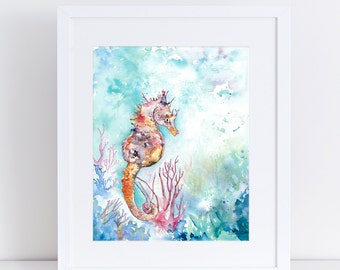 Seahorse , watercolor print, ocean life, coral, beach art, scuba diving, purple seahorse, whimsical, orange, coral