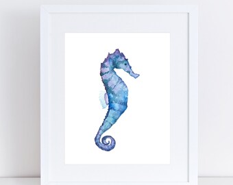 Indigo Seahorse, watercolor painting archival print.