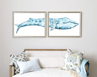 Blue whale diptych "Bookelia", watercolor painting archival print.