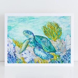May include: A watercolor painting of a green sea turtle swimming in blue water with yellow and purple coral. The turtle is facing right and has a green shell with blue markings. The coral is in the background and is a mix of yellow, purple, and white.