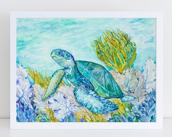 Sea turtle and coral , watercolor painting archival print.