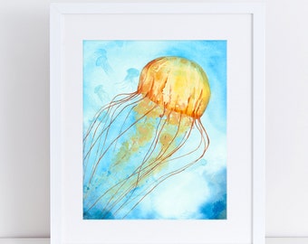 Orange Jellyfish Watercolor Art Print – Ocean Life Illustration