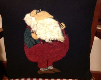 Santa pillow. Curly Bearded Santa striped socks hand needle felted Wool Pillow.  18x18 Santa pillow